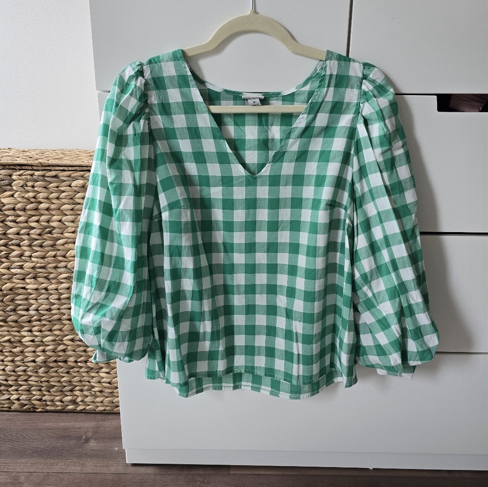 Green and White Puff Sleeve Blouse with Relaxed Fit